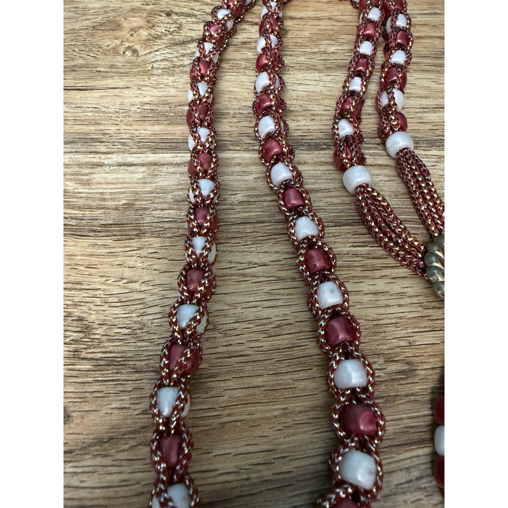 Handmade Beaded Bolo Tie Necklace Sparkly Red Wht Plastic Beads Cowgirl Costume - Picture 7 of 7